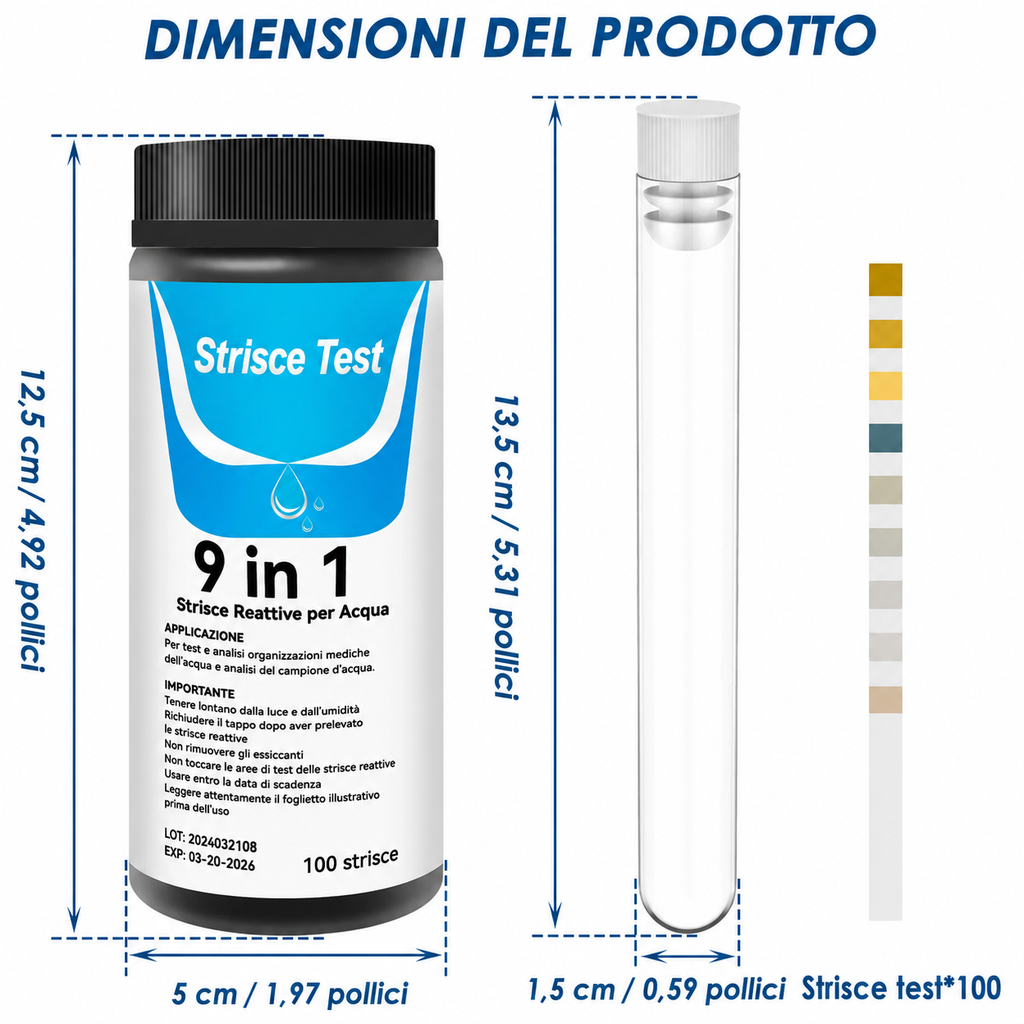 Strisce Test 9 in 1 per Analisi dell'Acqua d'Acquario - 100 pezzi