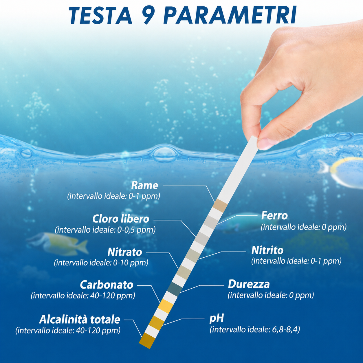 Strisce Test 9 in 1 per Analisi dell'Acqua d'Acquario - 100 pezzi