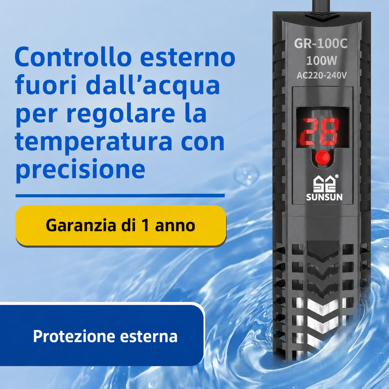 Riscaldatore Sommergibile con Termostato per Acquari - Spina Europea