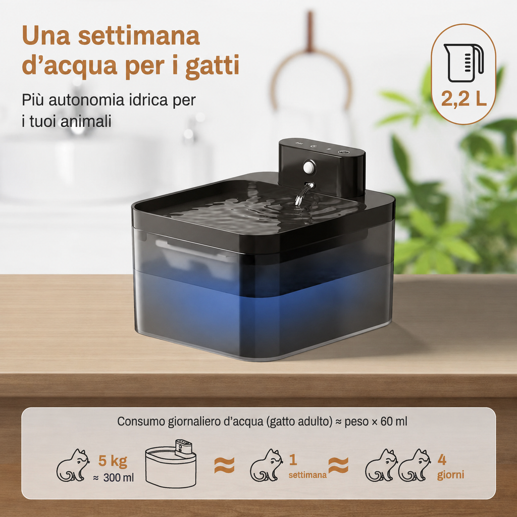 Fontanella Wireless a Induzione 2,2 L per Cani e Gatti