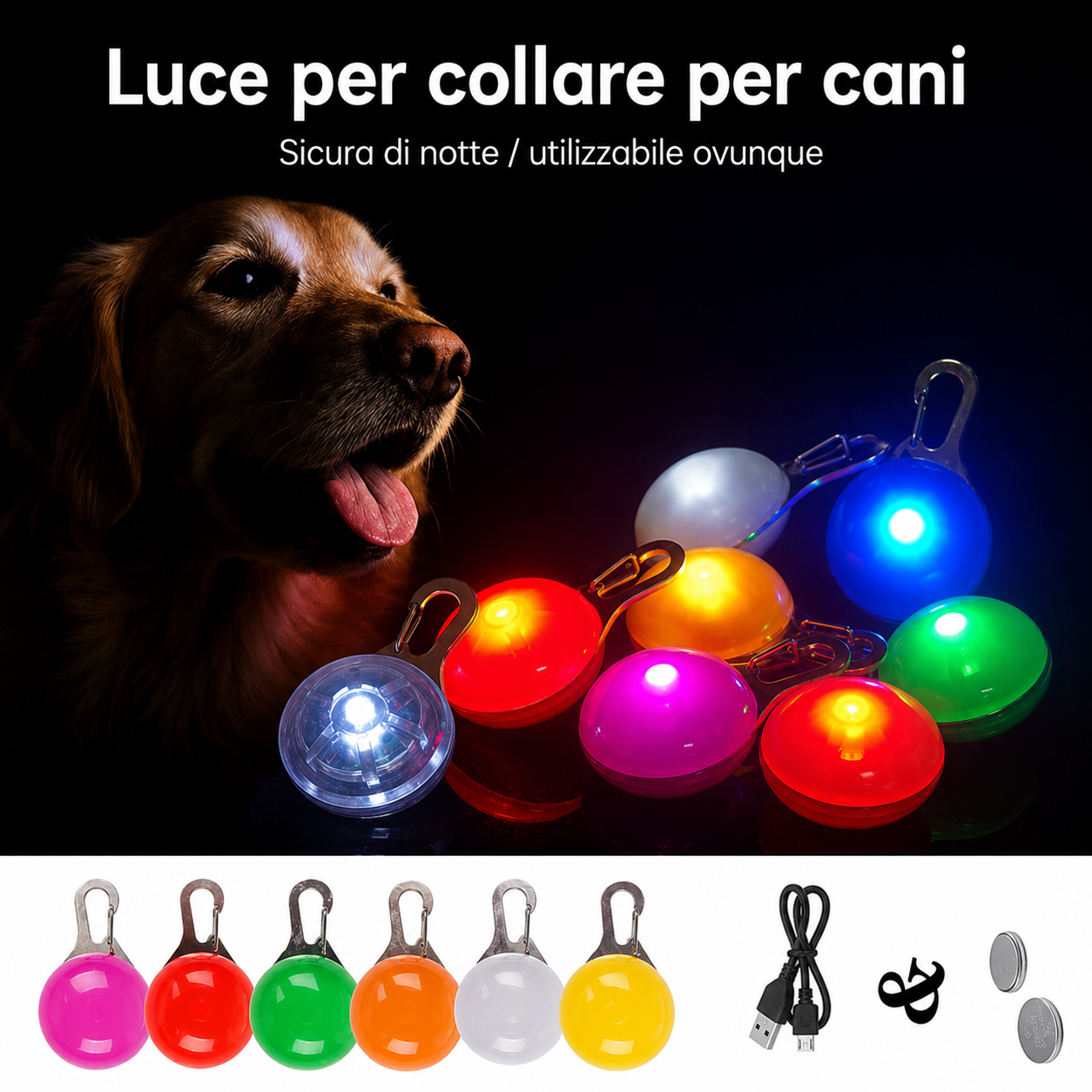 Ciondolo LED Ricaricabile USB per Collare di Cani e Gatti
