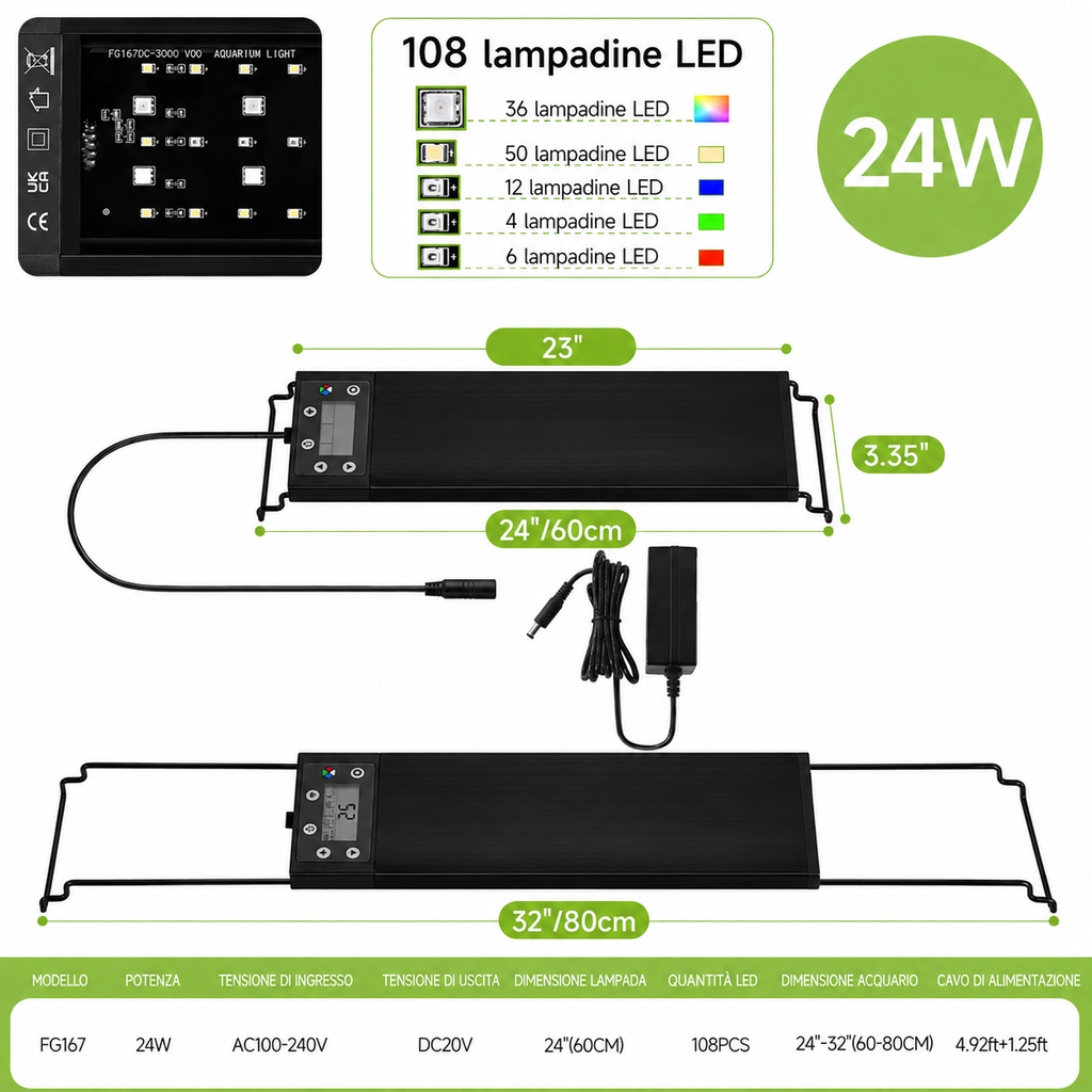 Plafoniera LED a Spettro Pieno per Acquari da 30 a 60 cm