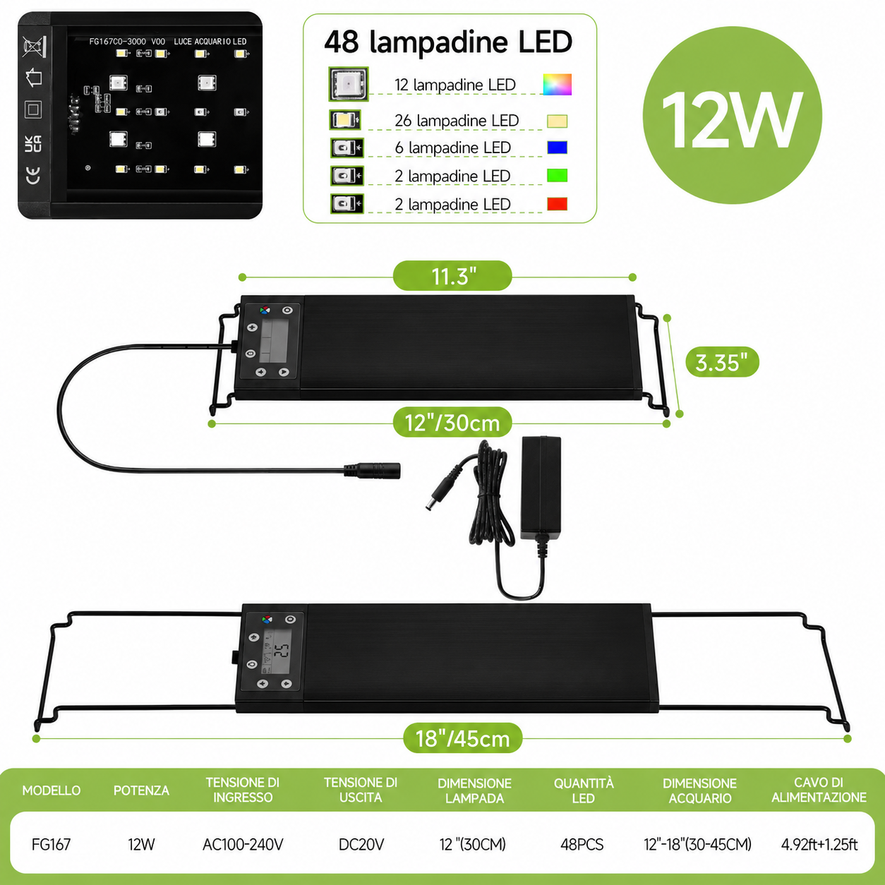 Plafoniera LED a Spettro Pieno per Acquari da 30 a 60 cm