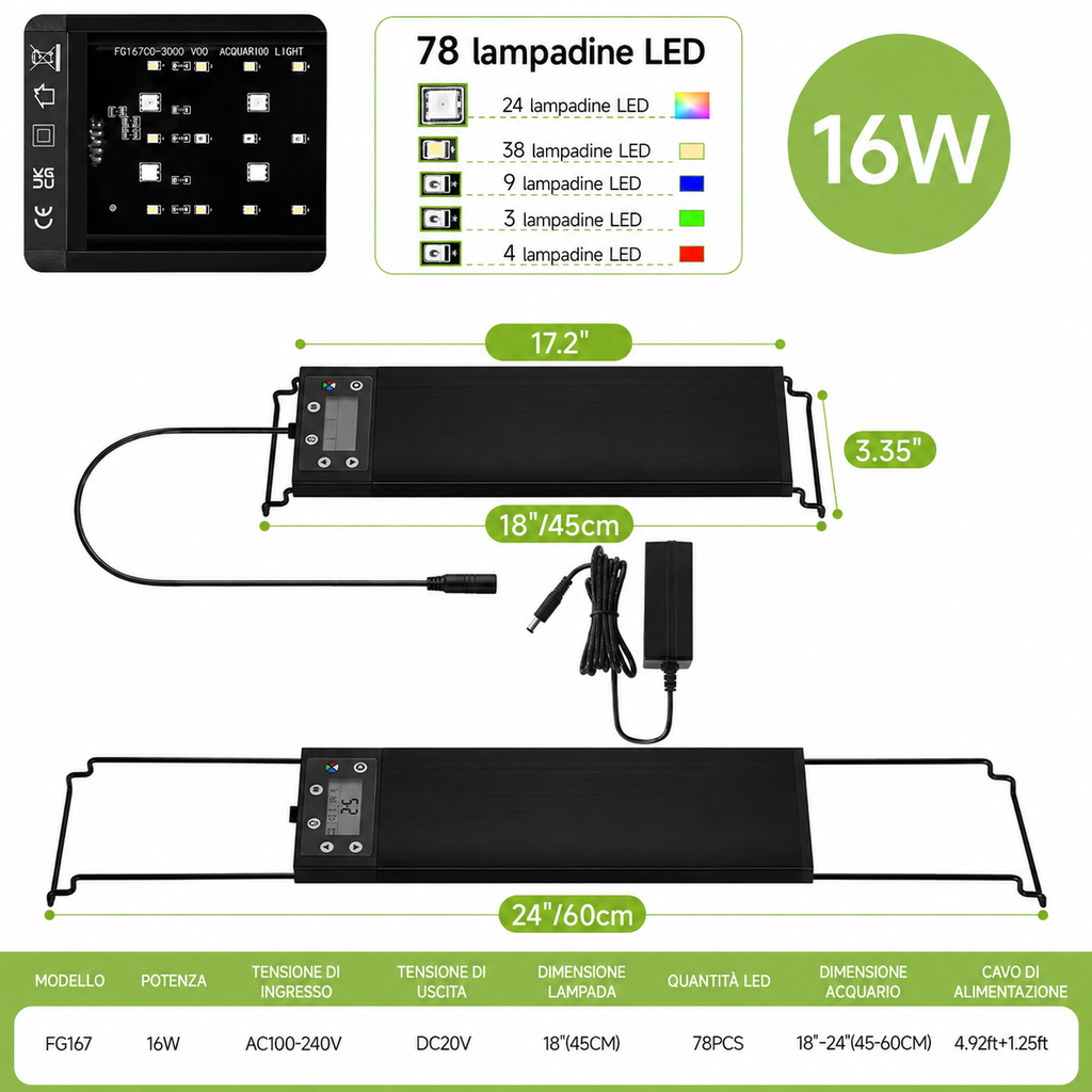 Plafoniera LED a Spettro Pieno per Acquari da 30 a 60 cm
