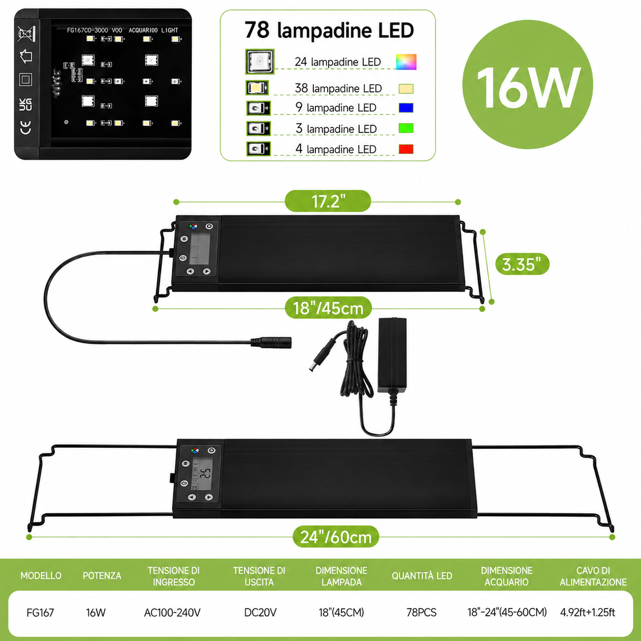Plafoniera LED a Spettro Pieno per Acquari da 30 a 60 cm
