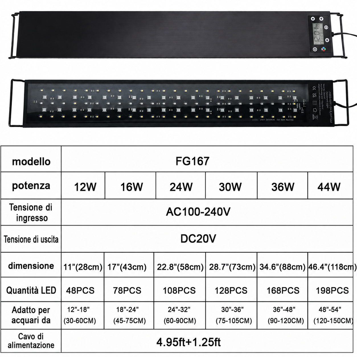 Plafoniera LED a Spettro Pieno per Acquari da 30 a 60 cm
