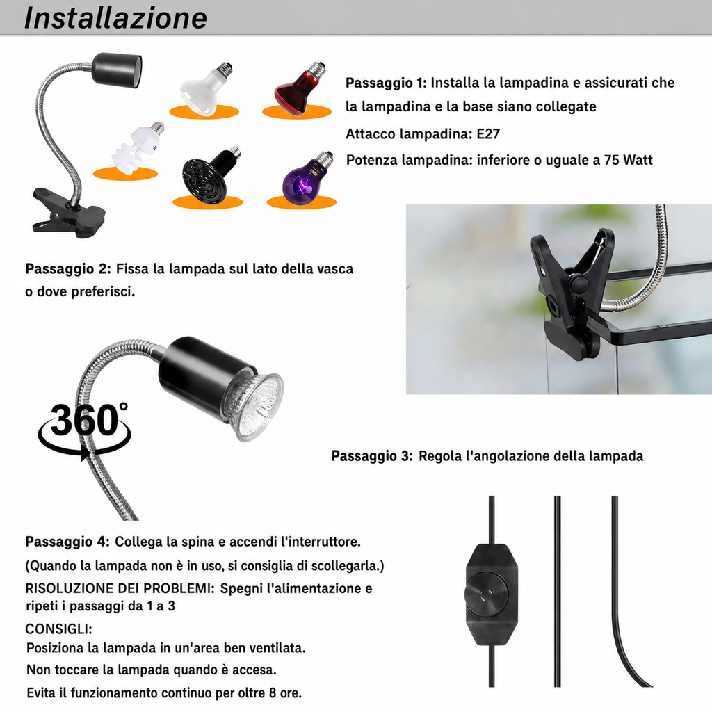 Lampada Riscaldante 50W UVA UVB con Spina Europea