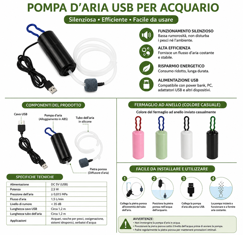 Pompa d'Aria USB Silenziosa per Acquari
