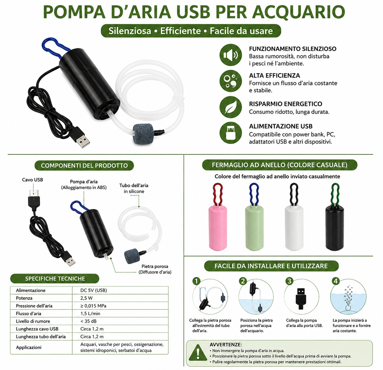 Pompa d'Aria USB Silenziosa per Acquari